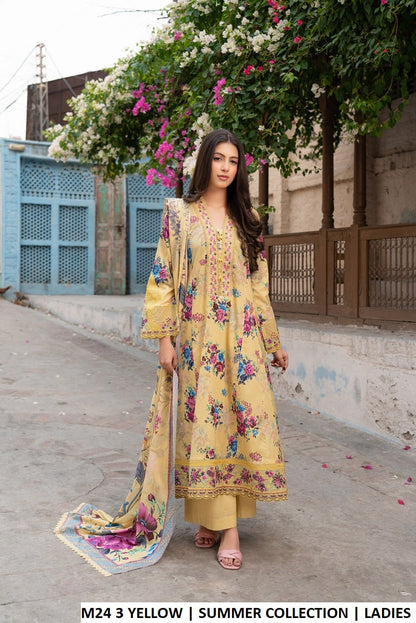 M24 3 PRINT - Elegant Printed Lawn 3-Piece Women's Long Frock with Plazo