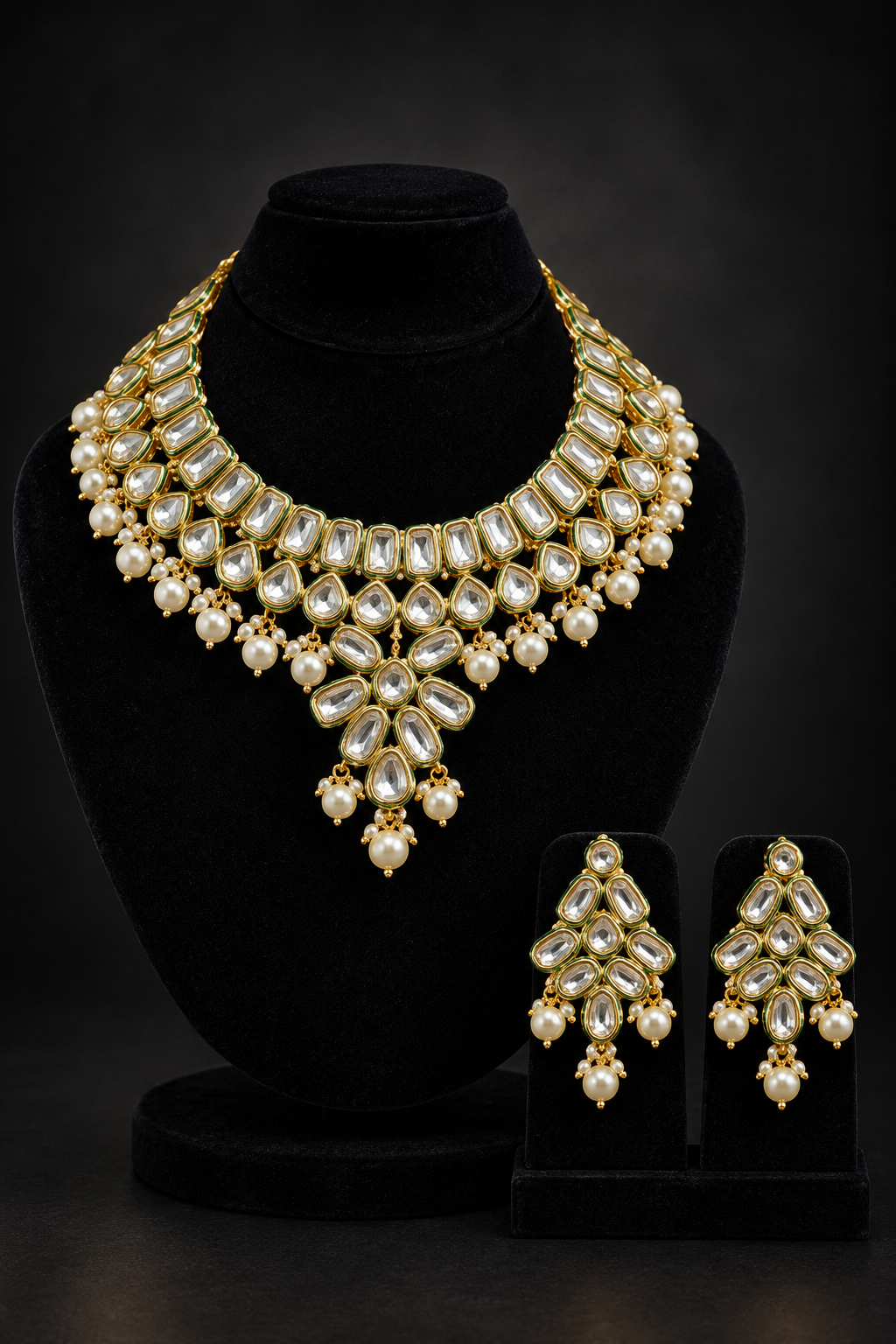 JW428 – Gold-Tone Kundan Necklace Set with Pearl Drops