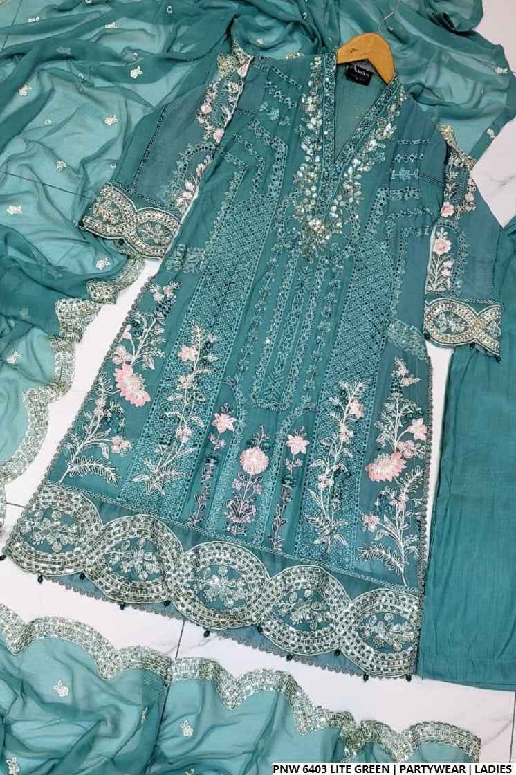 Pakistani women's light green chiffon straight shirt plazo back view