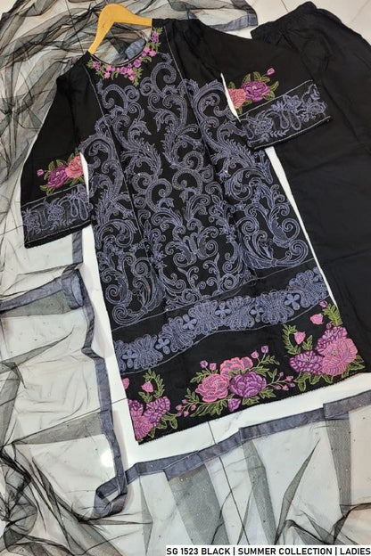 Pakistani women's black lawn A-Line casual outfit back view
