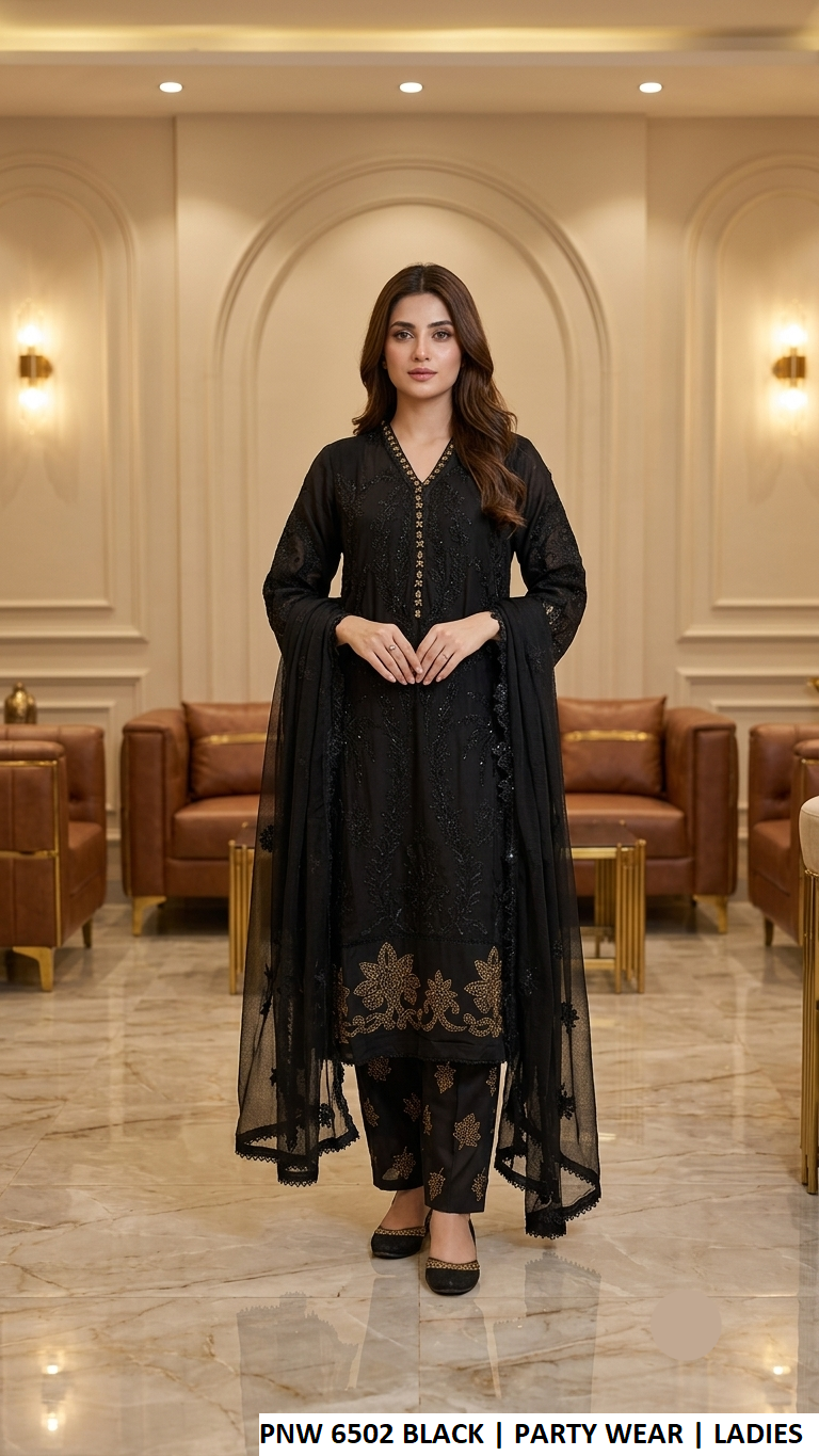 PNW 6502 BLACK - Black Chiffon Straight 3-Piece Women's Pakistani Plazo Suit