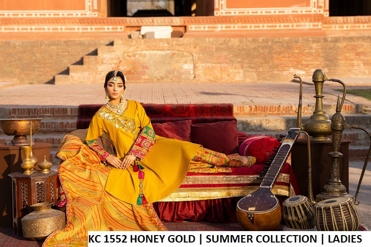 Honey gold cotton Pakistani women's peplum frock with farshi shalwar side view