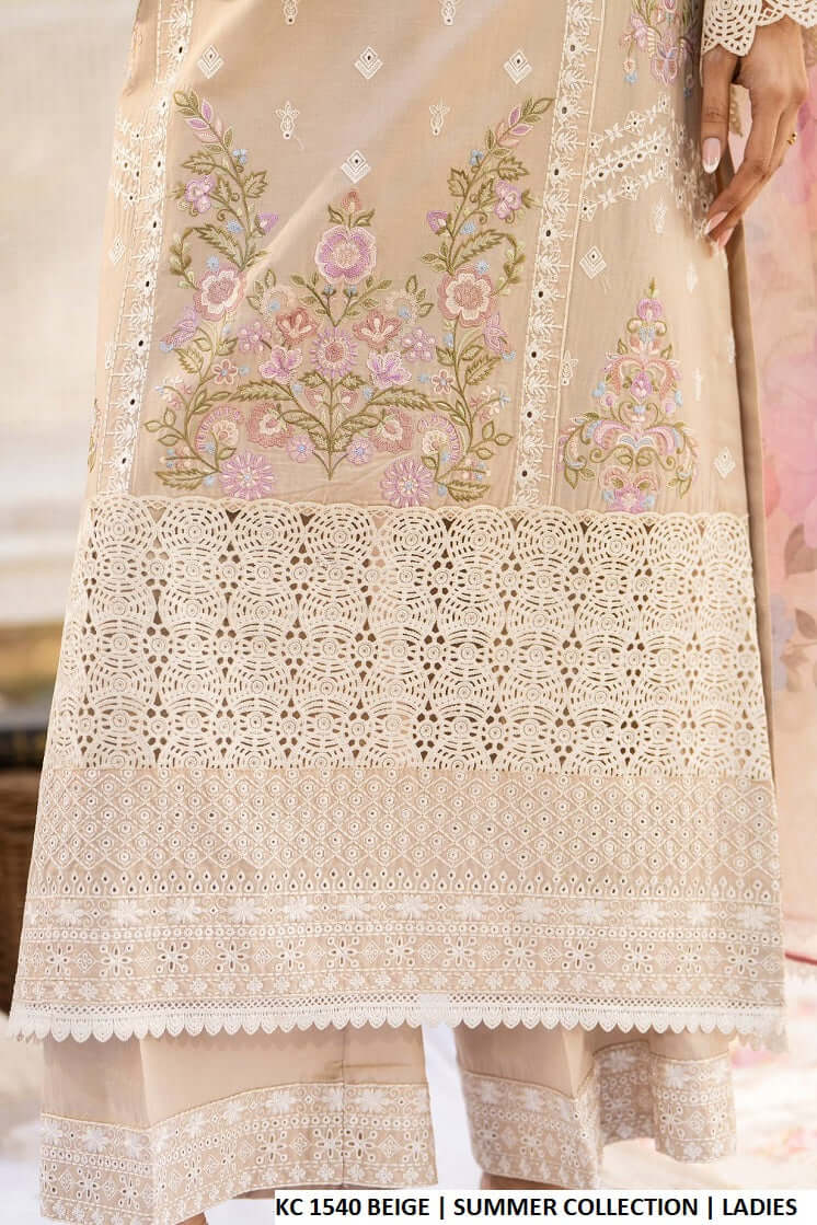 Pakistani women's beige cotton long embroidered shirt back view