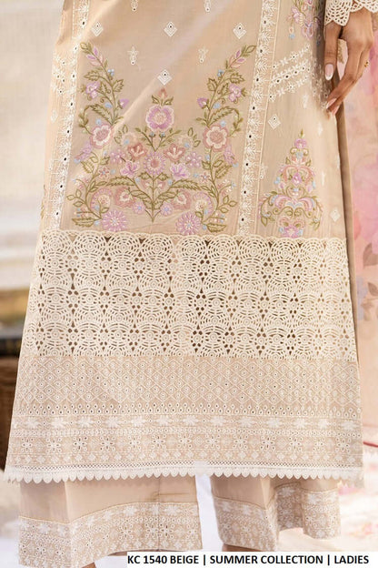 Pakistani women's beige cotton long embroidered shirt back view