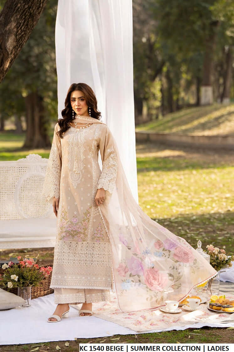 Cotton long embroidered shirt beige - Pakistani women's casual elegant outfit with printed lawn dupatta front view