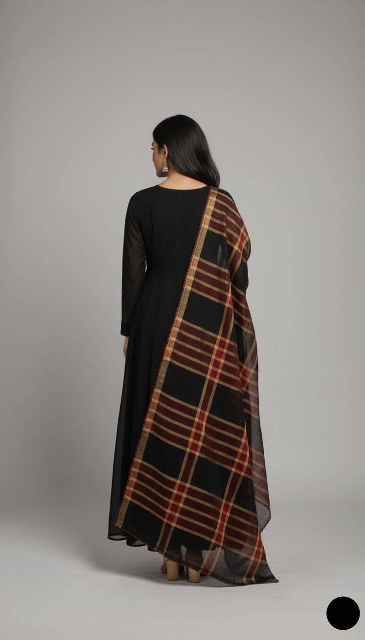 Pakistani women's black lawn A-Line casual outfit back view