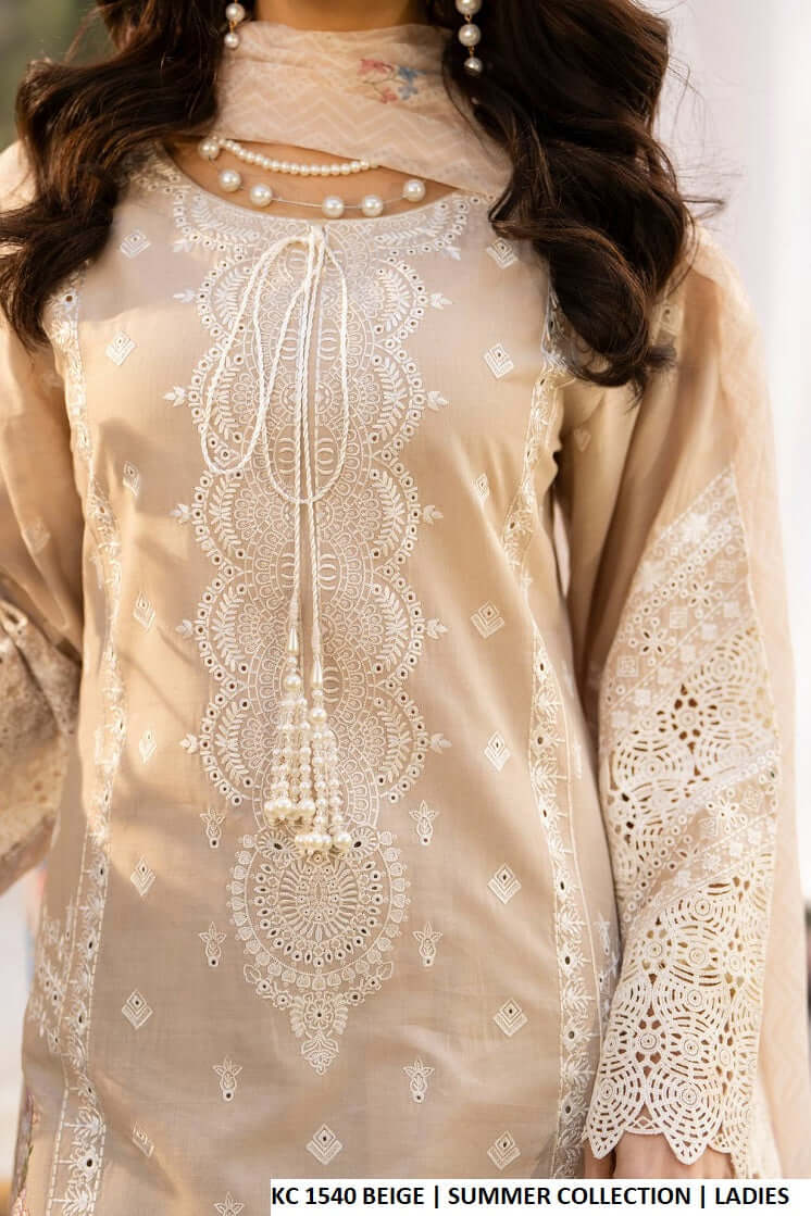 Pakistani women's beige cotton long embroidered shirt detail view