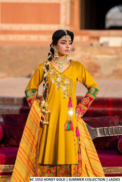 Cotton peplum frock farshi shalwar honey gold - Pakistani women's festive casual outfit with digital print dupatta front view