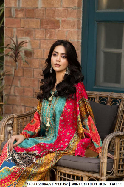 Vibrant yellow silk Pakistani women's long kaftan with plazo side view