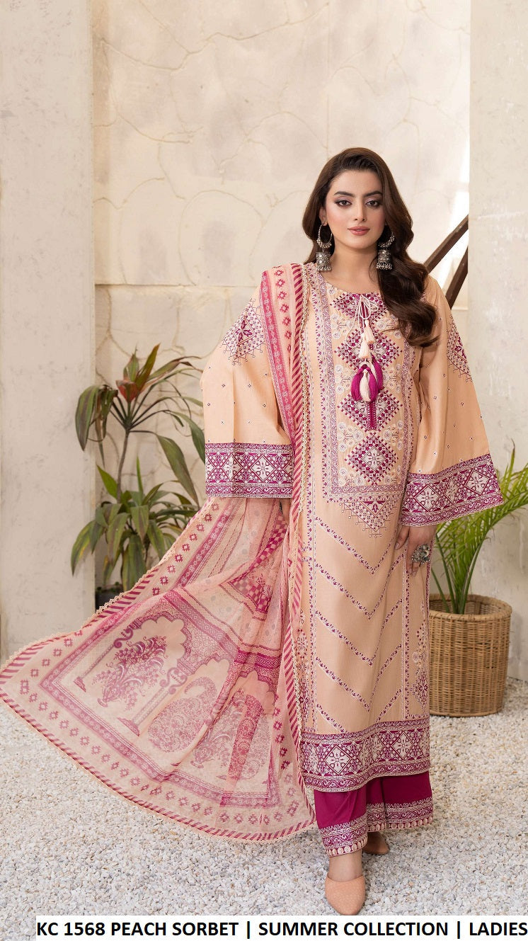 Cotton multi thread embroidery long shirt KC TABEER 1568 PEACH SORBET - Pakistani women's casual outfit with chiffon dupatta front view