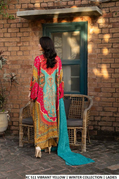 Pakistani women's vibrant yellow silk long kaftan plazo back view