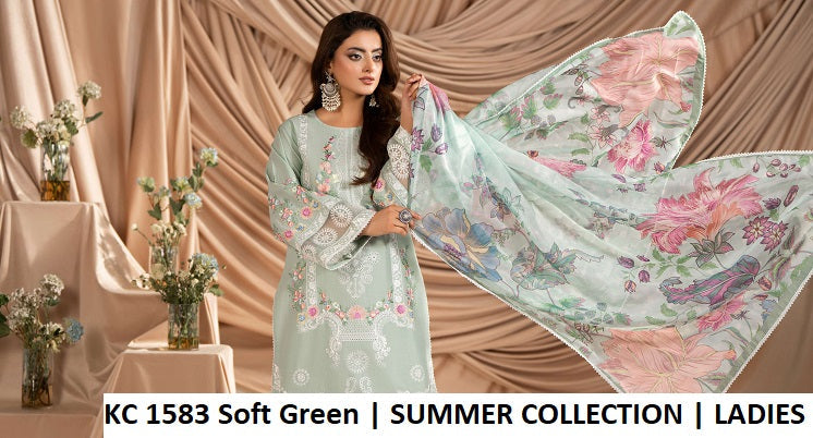 KC Ayra 1583 Soft Green - Soft Green Cotton Embroidered 3-Piece Women's Pakistani Suit