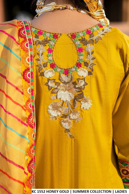 Pakistani women's honey gold cotton peplum frock farshi shalwar back view