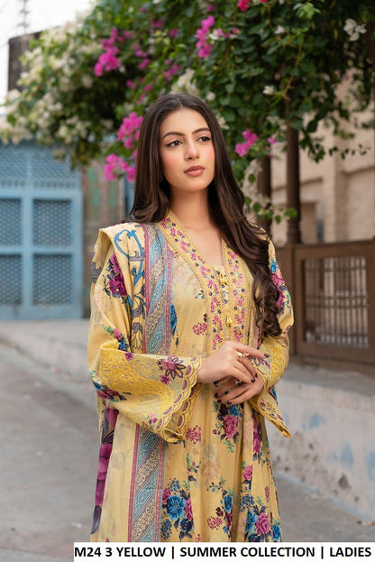 M24 3 PRINT - Elegant Printed Lawn 3-Piece Women's Long Frock with Plazo