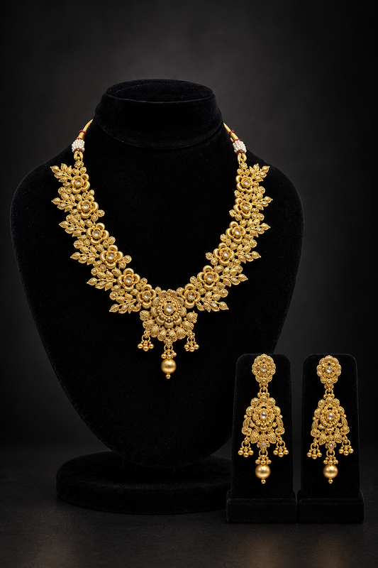 JW200 – Gold-Tone Floral Necklace Set with Matching Drop Earrings