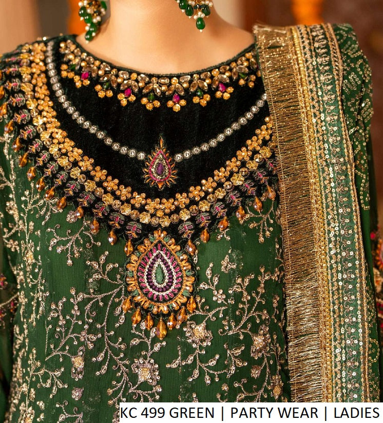 Green chiffon Pakistani women's long frock with plazo side view