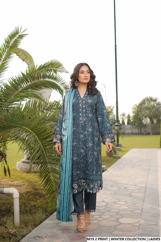 Lawn A-Line printed shirt - Pakistani women's casual summer outfit with cotton trouser and lawn dupatta front view