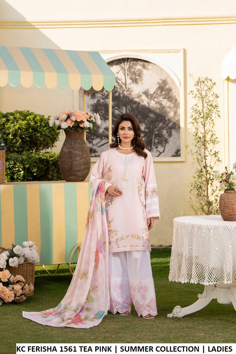 Cotton short shirt farshi shalwar tea pink - Pakistani women's traditional casual outfit with deep chiffon dupatta front view