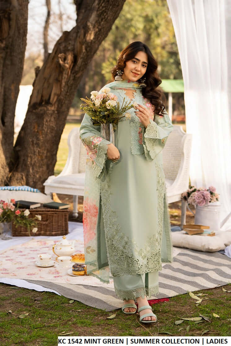 Cotton long embroidered shirt mint green - Pakistani women's casual elegant outfit with khadi net dupatta front view