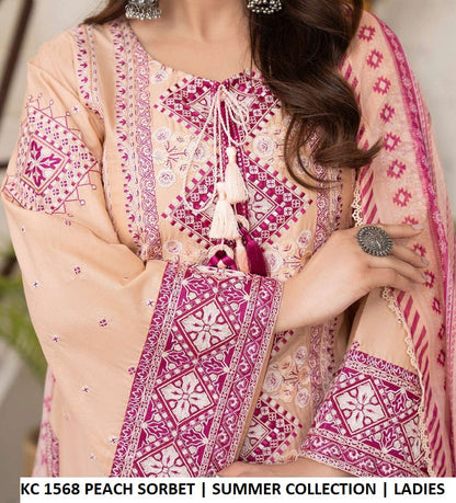 KC TABEER 1568 PEACH SORBET Pakistani women's cotton embroidered long shirt detail view