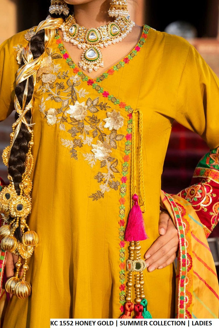 Pakistani women's honey gold cotton peplum frock farshi shalwar detail view