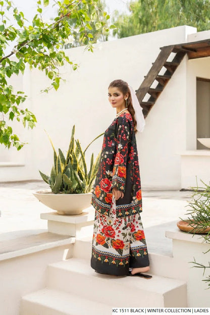 Silk 2-piece black - Pakistani women's elegant formal wear with silk trouser and silk dupatta front view