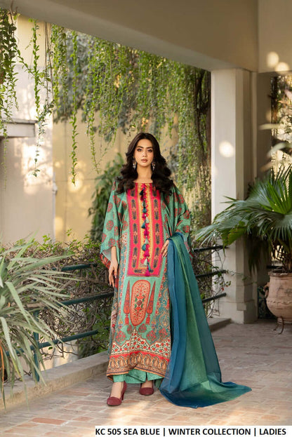 Silk long kaftan plazo sea blue - Pakistani women's luxury formal wear with matching silk dupatta front view