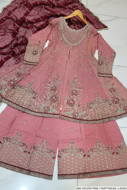 Pakistani women's pink chiffon straight shirt plazo full view