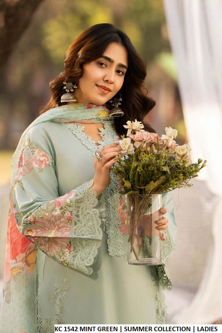 Mint green cotton Pakistani women's long embroidered shirt side view