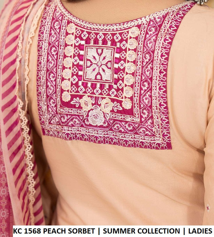 KC TABEER 1568 PEACH SORBET Pakistani women's cotton multi thread embroidery outfit back view
