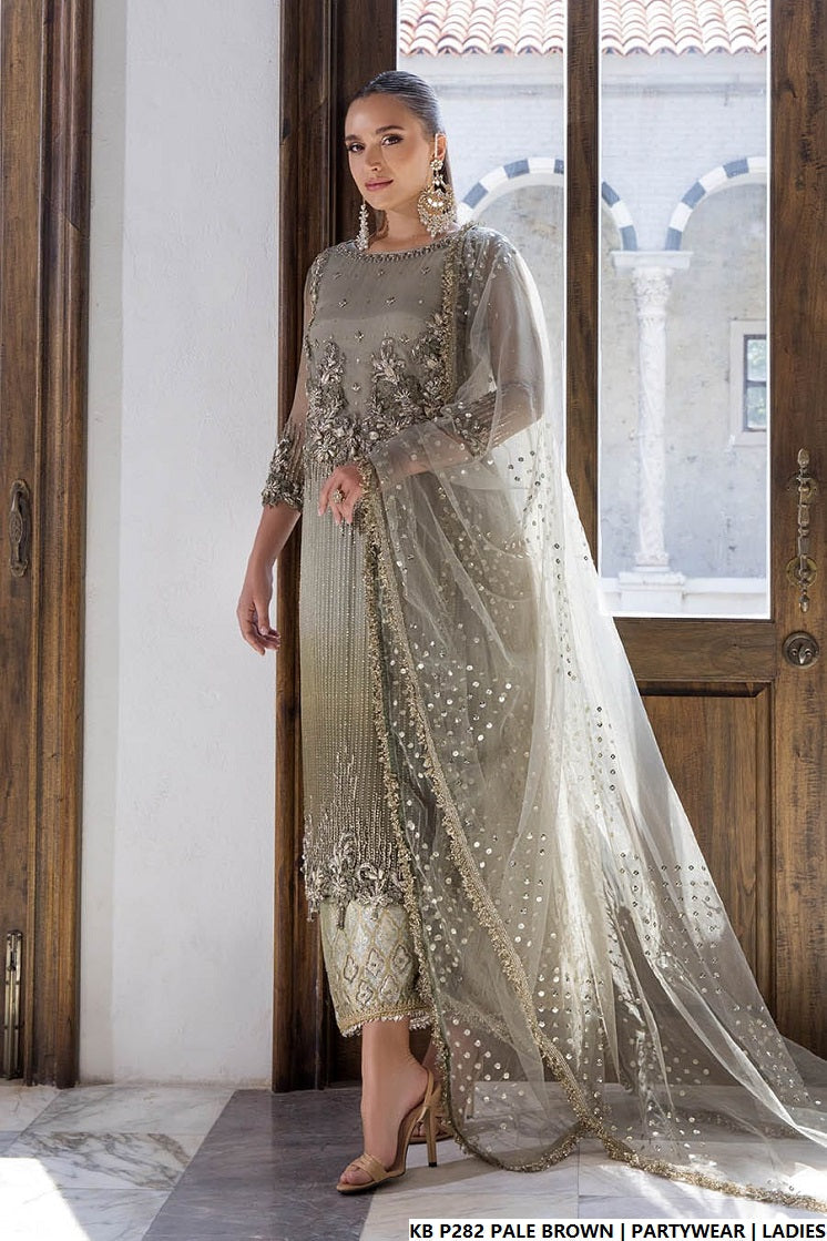 Pakistani women's pale brown hand embroidered luxury suit detail view