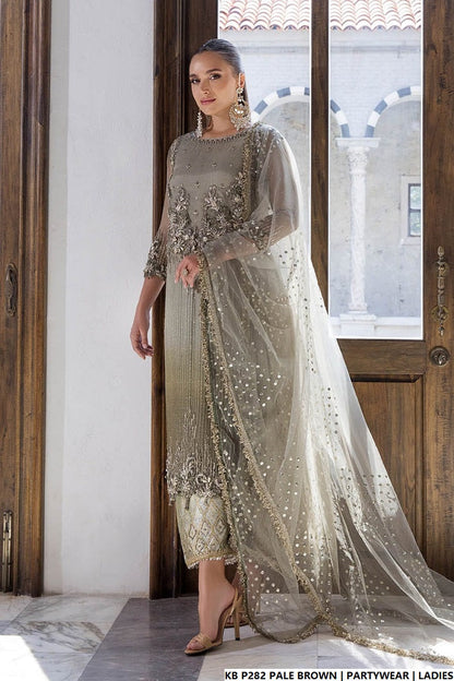 Pakistani women's pale brown hand embroidered luxury suit detail view