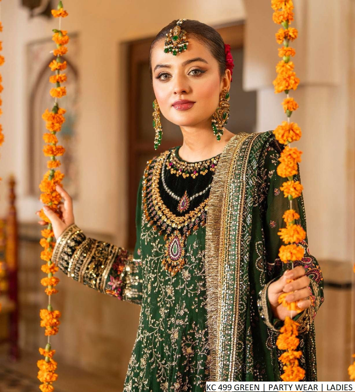 Pakistani women's green chiffon long frock plazo detail view
