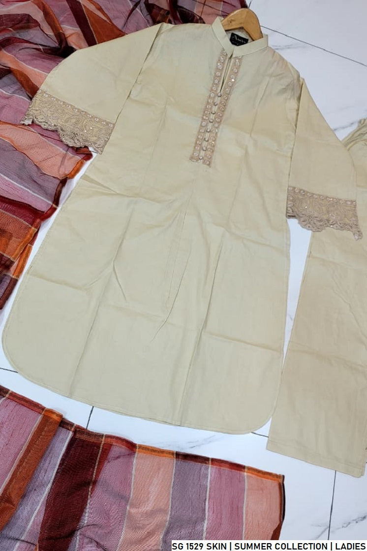 Pakistani women's skin lawn A-Line casual outfit back view