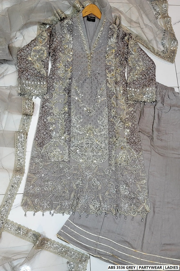 Pakistani women's grey organza straight shirt detail view