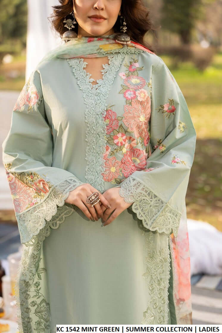 Pakistani women's mint green cotton long embroidered shirt back view