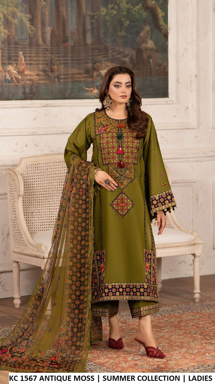 Cotton sindhi embroidery medium shirt KC TABEER 1567 ANTIQUE MOSS - Pakistani women's casual outfit with crinkle chiffon dupatta front view