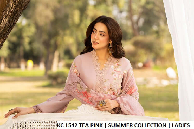 Pakistani women's tea pink cotton long embroidered shirt detail view
