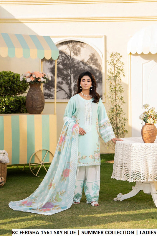 Cotton short shirt farshi shalwar sky blue - Pakistani women's traditional casual outfit with deep chiffon dupatta front view