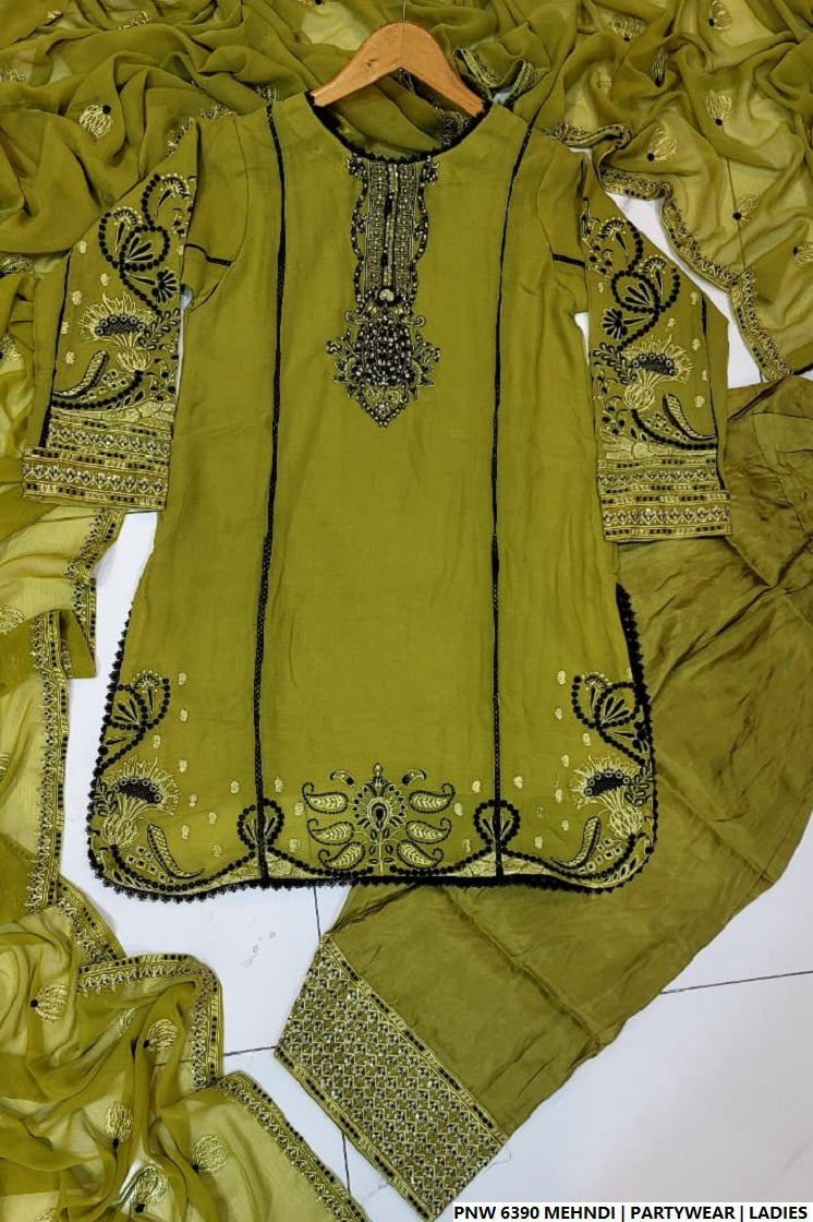 Pakistani women's mehndi green chiffon short shirt farshi shalwar full view