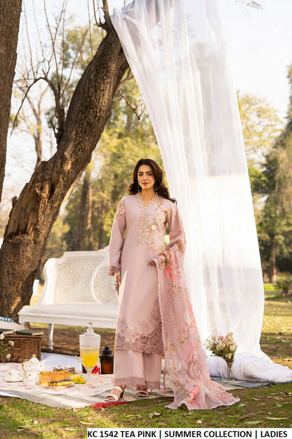 Cotton long embroidered shirt tea pink - Pakistani women's casual elegant outfit with khadi net dupatta front view