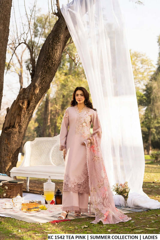 Cotton long embroidered shirt tea pink - Pakistani women's casual elegant outfit with khadi net dupatta front view