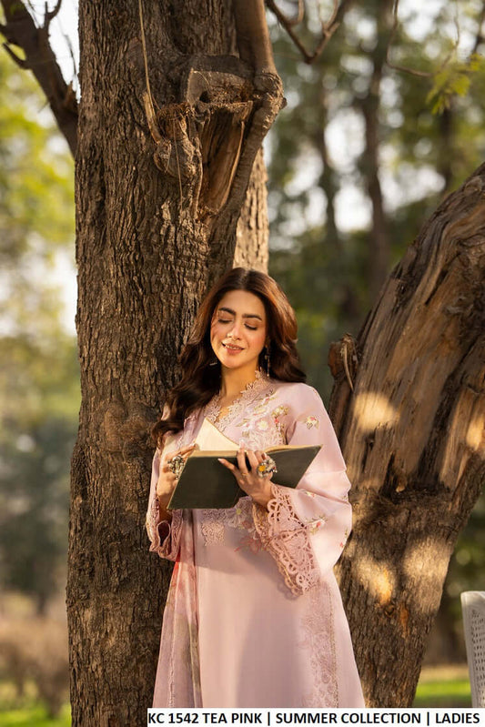 Tea pink cotton Pakistani women's long embroidered shirt side view