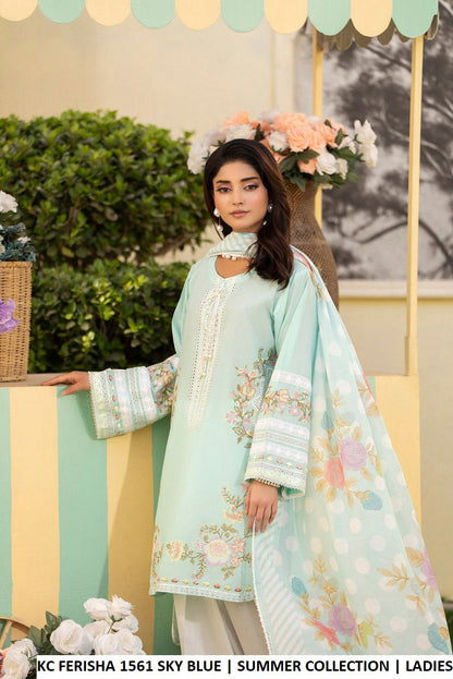 Sky blue cotton Pakistani women's short shirt with farshi shalwar side view