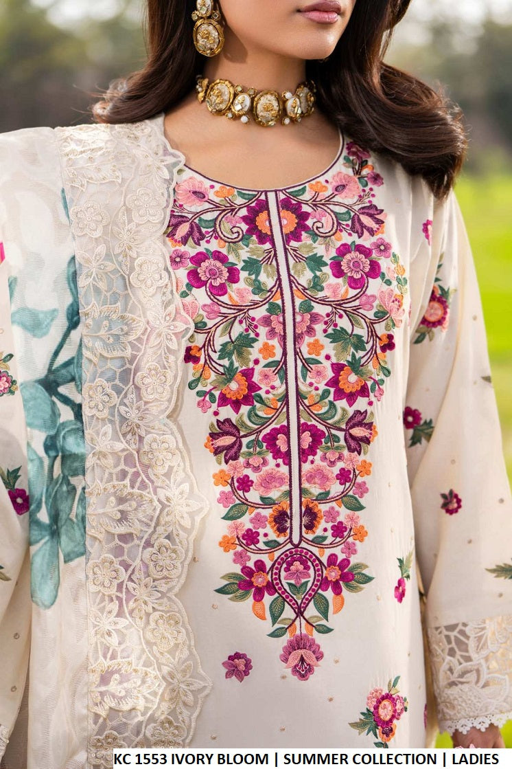 Pakistani women's ivory bloom cotton straight shirt plazo detail view