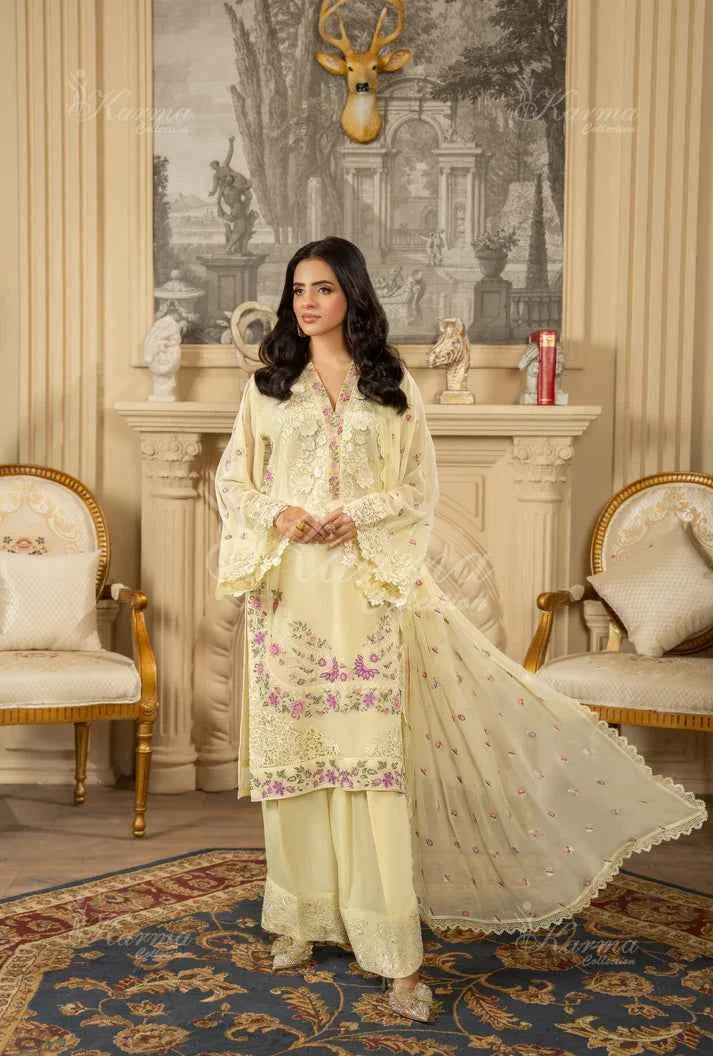Silk short shirt farshi shalwar lemon yellow - Pakistani women's traditional formal outfit front view