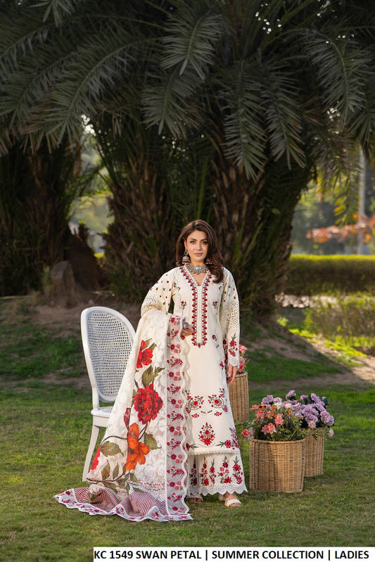 Cotton straight shirt plazo swan petal - Pakistani women's casual elegant outfit with digital print dupatta front view