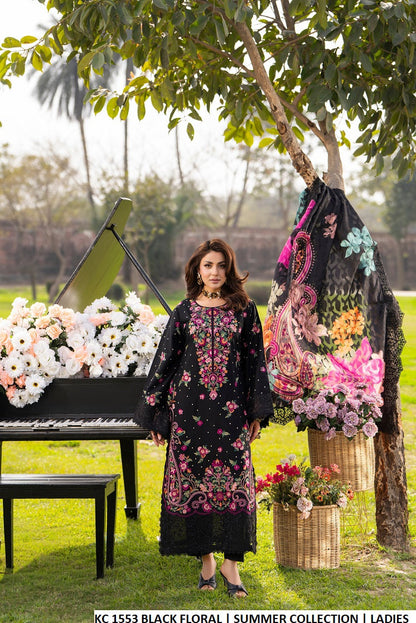 Cotton straight shirt plazo black floral - Pakistani women's casual outfit with digital print dupatta front view