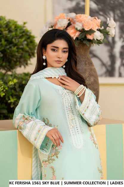 Pakistani women's sky blue cotton short shirt farshi shalwar detail view