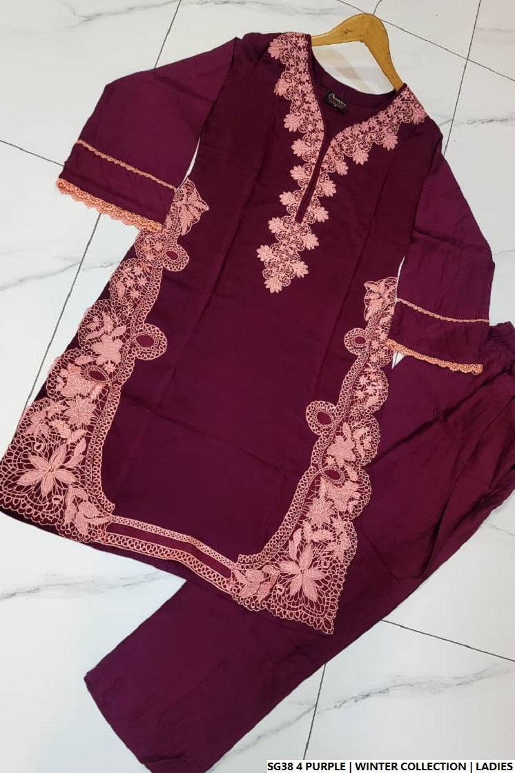 Pakistani women's purple lawn A-Line casual outfit back view